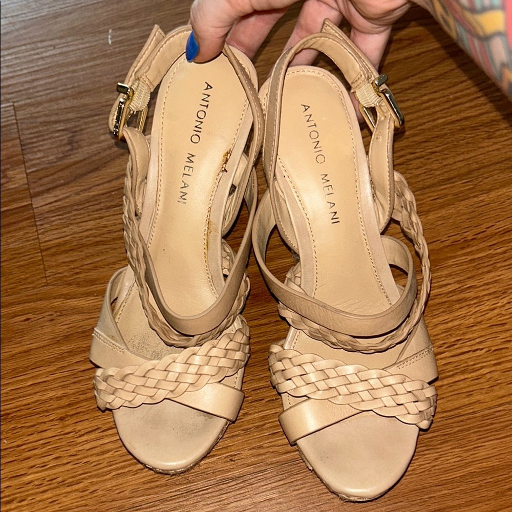 Antonio Melani Tan Wedge Sandals with Braided Detail